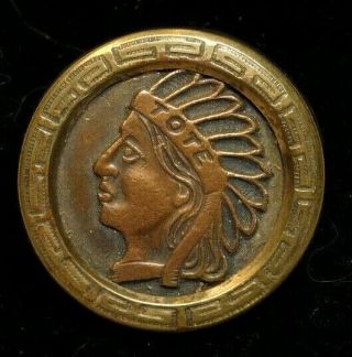 Antique Vintage Metal Button Brass Indian Head Tote C3