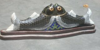 Vintage Chinese Cloisonne 10 " Double Fish On Wooden Display Lidded