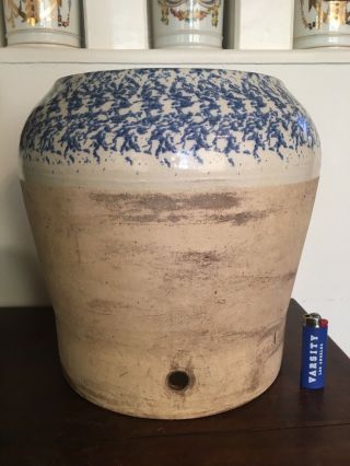 Large Antique Glazed Spongeware Stoneware Water Cooler,  19th C 13 " X 13 " Aafa