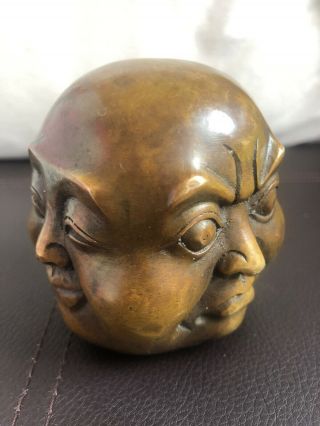 Four Faced Buddha Bronze Head Signed To The Base Lovely Patina