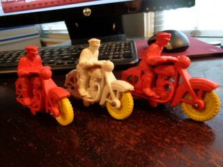 3 Vintage 4 - Inch Auburn Rubber Motorcycle Cops 2 Red 1 White Mid - 1950s