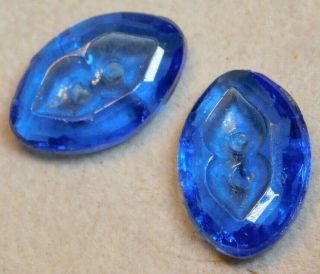 2 Antique Vintage Buttons Cobalt Blue Glass Cat Eyes Faceted & Transparent B2