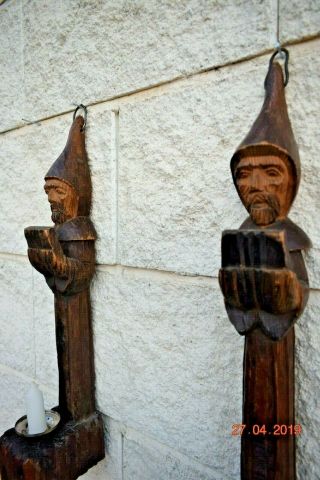 Antique French Carved Wood Gothic Wall Sconces As Monks