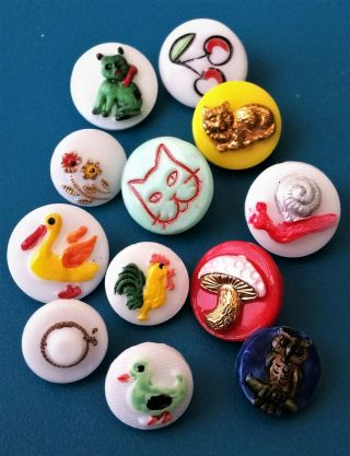 Vintage Glass Childrens Buttons - Pelican,  Rooster,  Owl,  Duck,  Snail,  Cats,  Hat