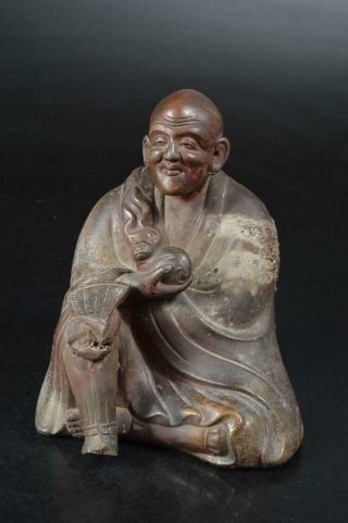S8960: Japanese Old Bizen - Ware Youhen Pattern Person Cat Statue Sculpture