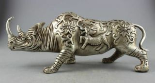 Chinese Old Copper Plating Silver Handwork Carve Big Rhinoceros Statue F02