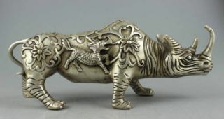 chinese old copper plating silver Handwork Carve Big Rhinoceros Statue f02 2