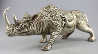 chinese old copper plating silver Handwork Carve Big Rhinoceros Statue f02 3