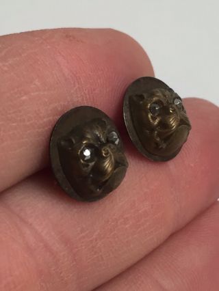 Pair Antique Vintage Victorian French Bulldog Buttons Earrings Marcasite Eyes 6