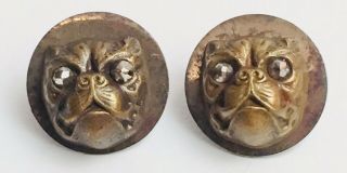 Pair Antique Vintage Victorian French Bulldog Buttons Earrings Marcasite Eyes 8