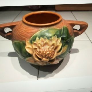 Vintage Roseville Usa Pottery Water Lily Vase - Bowl W/ Green Glaze Decoration