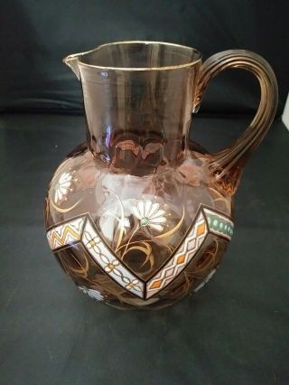 Hand Blown,  Smoke Coin Spot Glass Pitcher Enameled Flowers,  Reed Handle