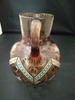 HAND BLOWN,  SMOKE COIN SPOT GLASS PITCHER ENAMELED FLOWERS,  REED HANDLE 2