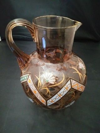 HAND BLOWN,  SMOKE COIN SPOT GLASS PITCHER ENAMELED FLOWERS,  REED HANDLE 3