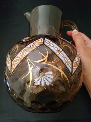 HAND BLOWN,  SMOKE COIN SPOT GLASS PITCHER ENAMELED FLOWERS,  REED HANDLE 4