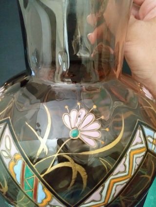 HAND BLOWN,  SMOKE COIN SPOT GLASS PITCHER ENAMELED FLOWERS,  REED HANDLE 5