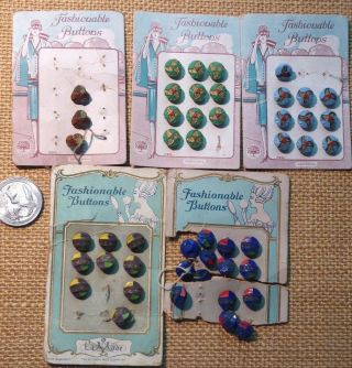 47 Antique Tiny 3/8 " Colorful Czech Glass La Mode 5 Designs Buttons On 5 Cards
