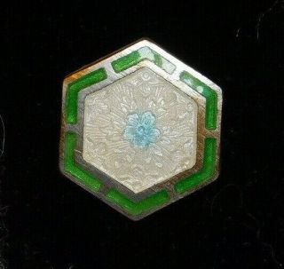 Small Antique Button Hexagon Enamel In Sterling Silver Green & Blue D9