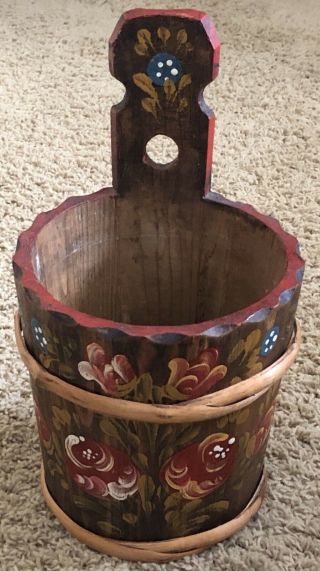 Vintage German Hand Made Painted Floral Tole Toleware Wood Wall Hanging Bucket