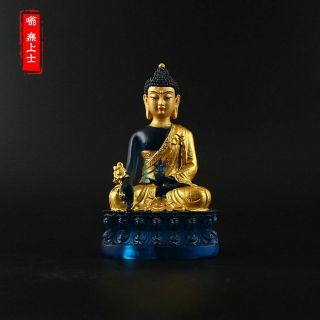 Tibetan Buddhism Hand Painting Resin Gilt Statue Medicine Buddha