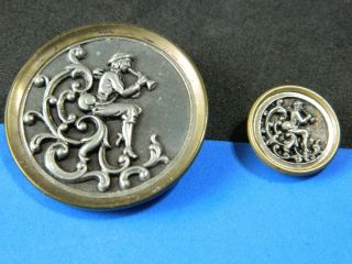 Awesome Pair Antique - Vtg Picture Brass Buttons Peter Pan Mother Daughter