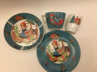 Vintage 1950 ' s Ornamin Little Red Melmac Dishes Children’s Cups Plate Bowl Blue 2