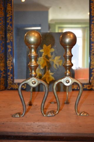 Art Nouveau Antique Pair Solid Brass Fire Dogs Cannon Ball Top