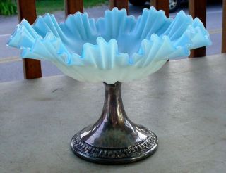 Antique Victorian Blue To White Satin Glass Compote W/ Silver Plated Base N/r