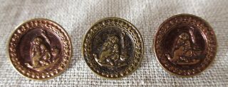 Three Antique Matching Small Metal Picture Dick Whittington & Cat Sewing Buttons