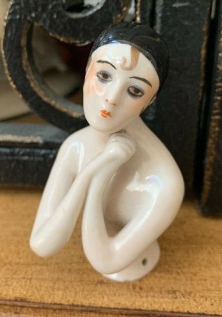 Rare Antique Sewing Half Doll China Pin Cushion Art Deco Pierrot Nouveau