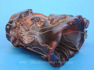 Old Chinese hand - carved fish lotus leaf horn carving cup d02 5