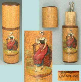 Antique Hand Painted Souvenir Wooden Needle Case Swiss Circa 1890s