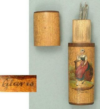 Antique Hand Painted Souvenir Wooden Needle Case Swiss Circa 1890s 3