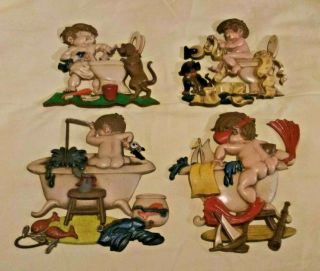 4 Vtg Sexton Metal 1973 - 1976 Bathroom Boy Fishing Scuba Bath Tub,  Toilet Wall Art