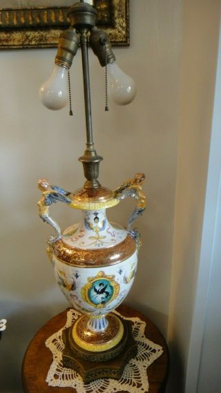 Large Vintage Italian Saca Majolica Ceramic Table Lamp Hand Paint Pheonix/cherub
