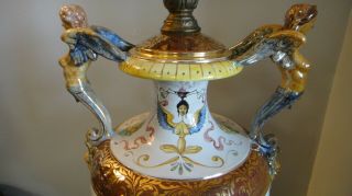 Large Vintage Italian Saca Majolica Ceramic Table Lamp Hand Paint Pheonix/Cherub 3