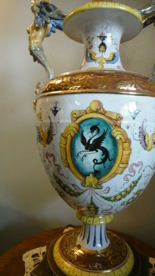Large Vintage Italian Saca Majolica Ceramic Table Lamp Hand Paint Pheonix/Cherub 4