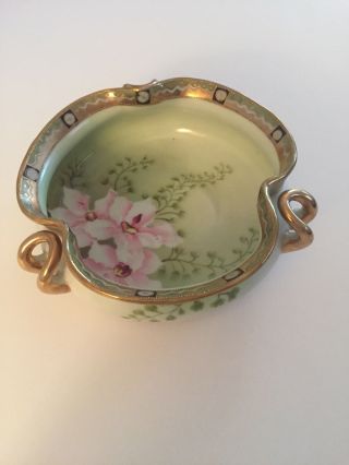 Antique Nippon Noritake Morimura Dish Hand Painted Pink Flowers Gold Tri - Handled