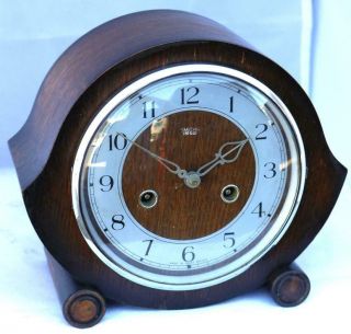Antique Art Deco Smiths English 8 Day Gong Striking Mantel Clock Oak Veneered
