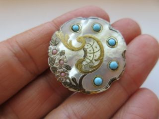 DELUXE LARGE Antique Vtg Carved MOP Shell BUTTON w/ Turquoise & Pink GLASS (J) 2
