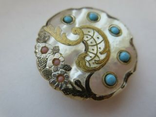DELUXE LARGE Antique Vtg Carved MOP Shell BUTTON w/ Turquoise & Pink GLASS (J) 6