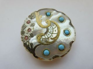 DELUXE LARGE Antique Vtg Carved MOP Shell BUTTON w/ Turquoise & Pink GLASS (J) 7