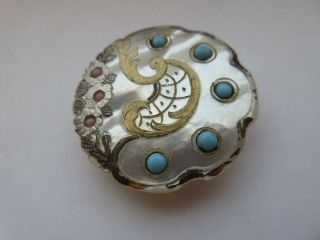DELUXE LARGE Antique Vtg Carved MOP Shell BUTTON w/ Turquoise & Pink GLASS (J) 8