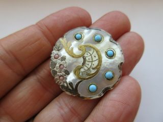 DELUXE LARGE Antique Vtg Carved MOP Shell BUTTON w/ Turquoise & Pink GLASS (J) 9