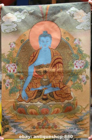 36 " Tibet Tibetan Cloth Silk Menla Medicine Buddha Tangka Thangka Painting Mural