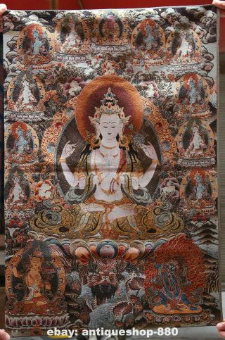 36 " Tibet Tibetan Cloth Silk Four Arms Guan Yin Tangka Thangka Painting Mural 3