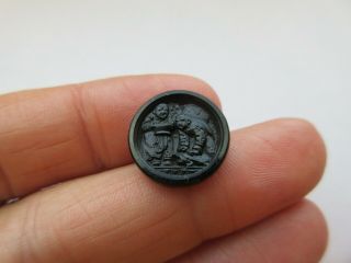 Flawless Antique Vtg Victorian Black GLASS Picture BUTTON Oriental Theme (J) 2