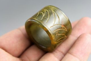 22 Mm,  China Old Green Jade Hand - Carved Thumb Banzhi Ancient Jade Ring 1053