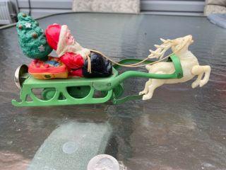 Vintage Tin Wind Up Toy Celluloid Santa On Sleigh With Reindeer - Made In Japan