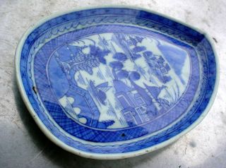 Antique 19th Blue & White Canton Chinese Export Leaf Shaped Dish 7 3/8 " N/r